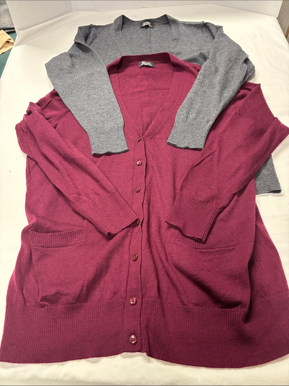 Lot of 2. Lord & Taylor Berry and Heather Gray V-Neck Wool Cardigan Duo